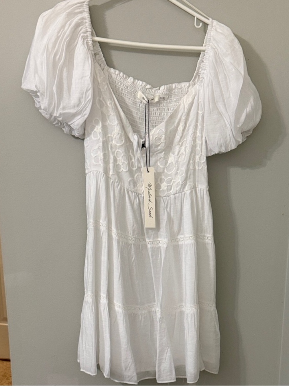 Mustard Seed White Puff Sleeve Tiered Dress for Girls